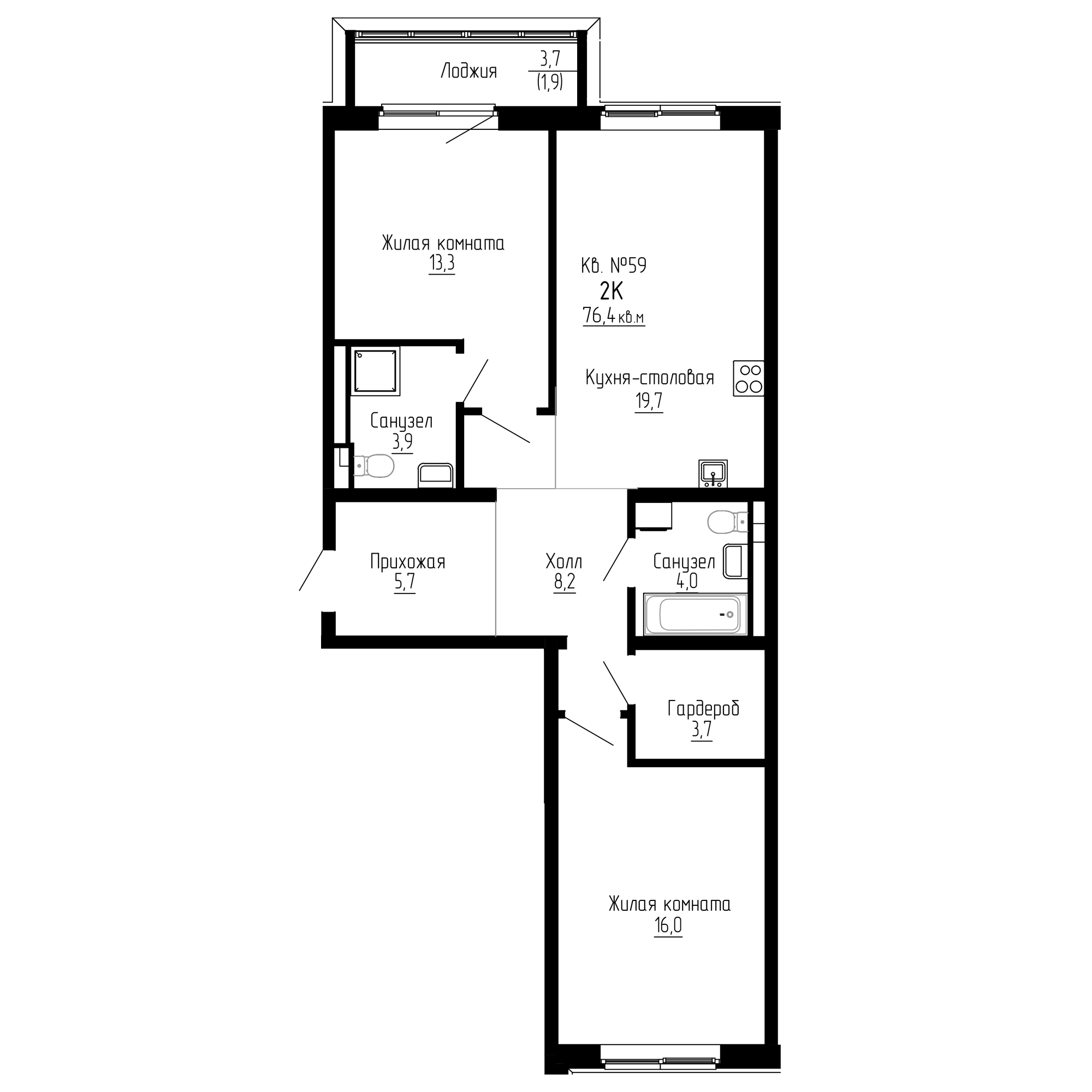 ЖК ДНС Сити (DNS Сити), 2-комн кв 76,4 м2, за 12 224 000 ₽, 2 этаж